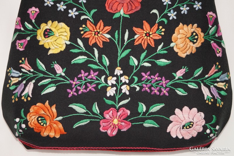 Colorful, hand-embroidered, Kalocsa floral, large-sized, black wrap women's shoulder bag, with inner pockets