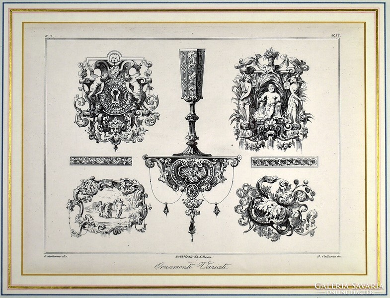 Rococo decorative elements - plans, old engraving in a decorative frame