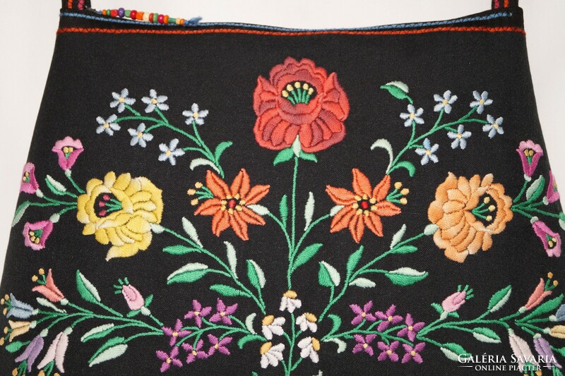 Colorful, hand-embroidered, Kalocsa floral, large-sized, black wrap women's shoulder bag, with inner pockets
