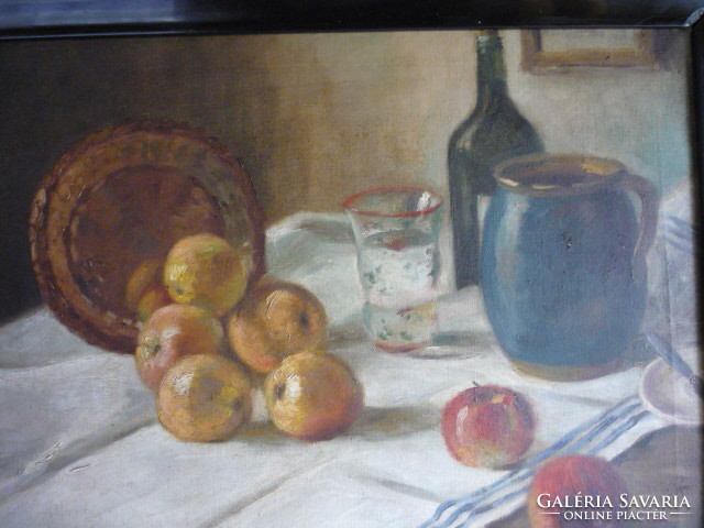 Antique oil canvas painting, table still life with apples 2402 14
