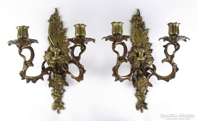1R375 Antik angyalos kétágú bronz gyertyás falikar párban