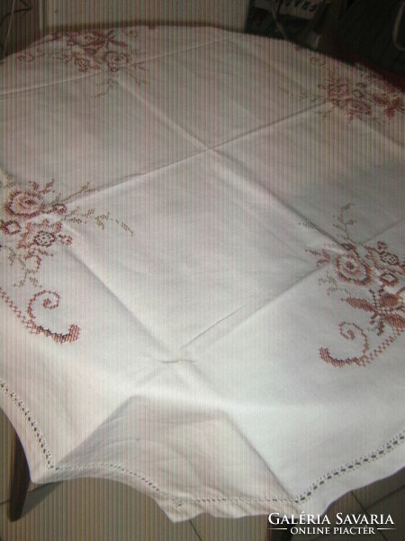 Beautiful cross-stitch brown rose pattern tablecloth
