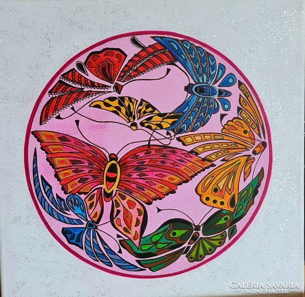 Pillangók Mandala kép művészeti vászon, akril festék