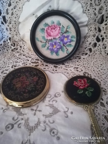 Mirror with Goblein insert, powder compact and an embroidered picture