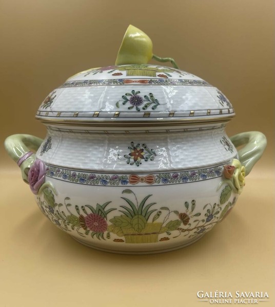 Herend colorful Indian flower basket pattern soup bowl with lemon holder