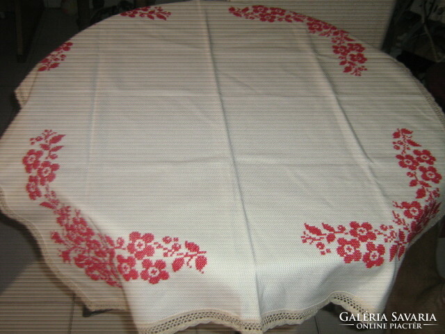 Beautiful red cross-stitch embroidered rose floral tablecloth