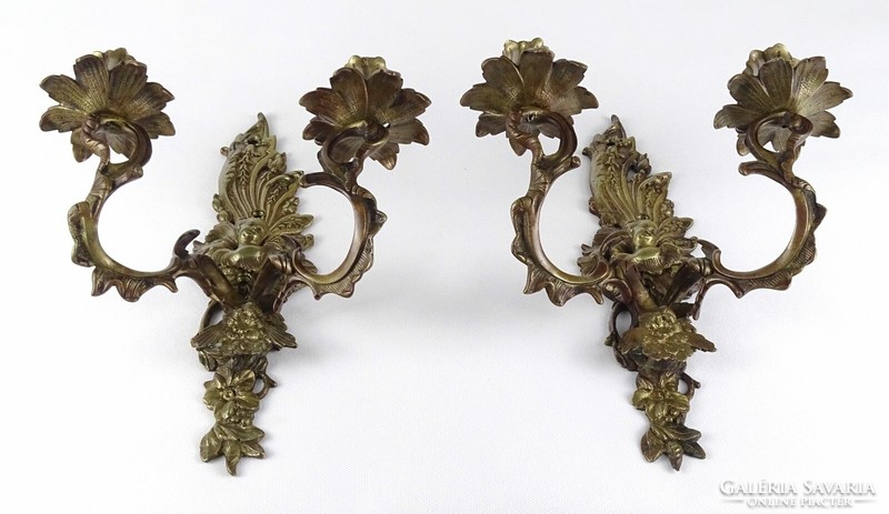 1R375 Antik angyalos kétágú bronz gyertyás falikar párban