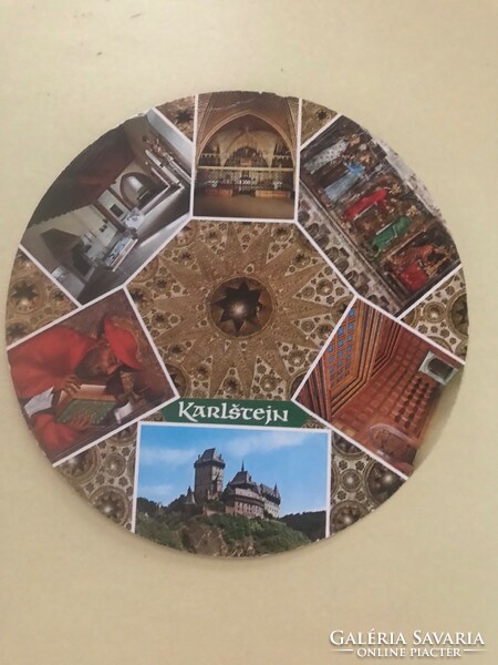 Colorful, foreign circular postcard. Written with 2 stamps. Travel memento, souvenir. Karlstejn