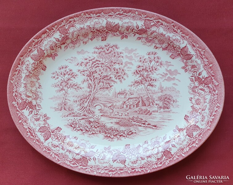 Angol bordó jelenetes porcelán tálaló tál tányér