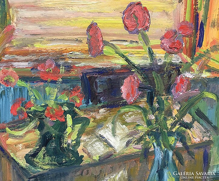 Interior with flowers, 1961, oil on cardboard, 34.5 x 42 cm