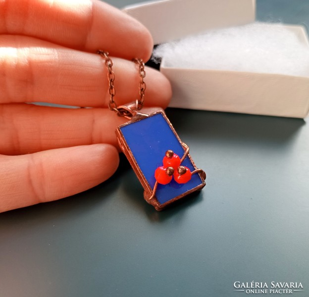 Royal blue handcrafted glass jewelry pendant with red pearls