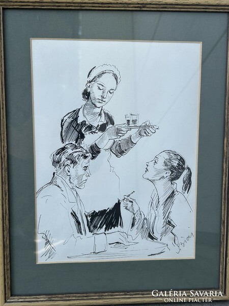 István Biai-föglein: cafe scene - ink drawing