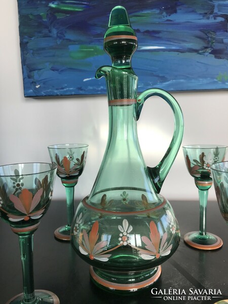 Painted glass bottle, spout, bottle, decanter glass with stopper and 4 glasses (56)