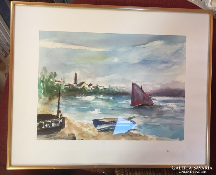 Ship, sailing, boat landscape, watercolor, work of a German artist from 1982, framed
