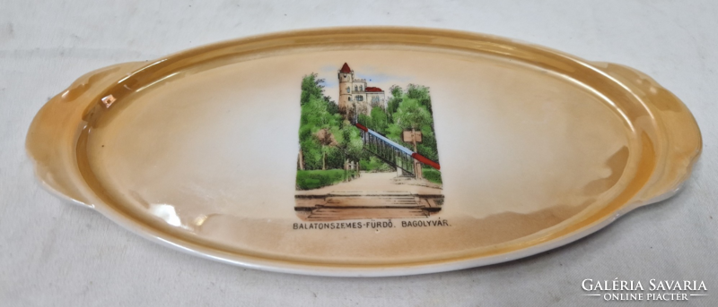 Antique victorian porcelain commemorative tray Balatonszemes spa with owl castle inscription in perfect condition