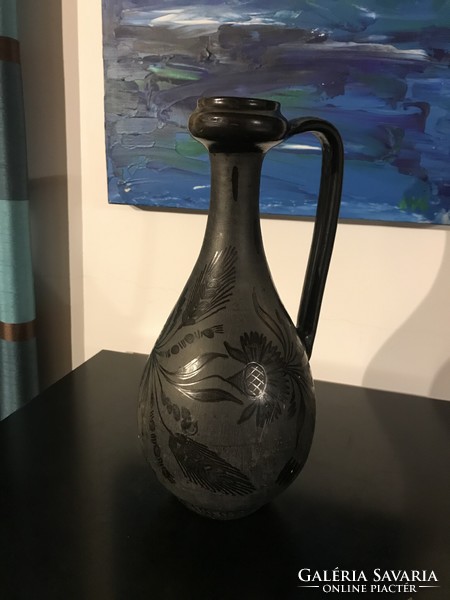 Black/dark gray folk ceramic jar marked on the bottom (22/a)