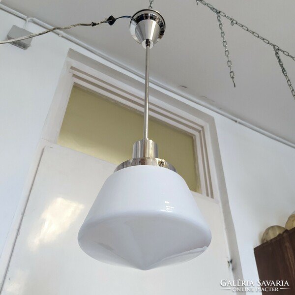Bauhaus - art deco nickel-plated ceiling lamp renovated - special shaped conical milk glass shade