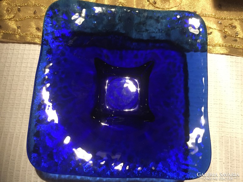 Beautiful blue pedestal art glass bowl, serving dish, centerpiece, candle holder (301)
