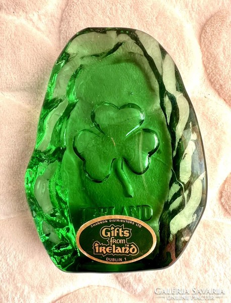 Emerald green glass ornament with engraved clover pattern, unique Irish souvenir from Dublin