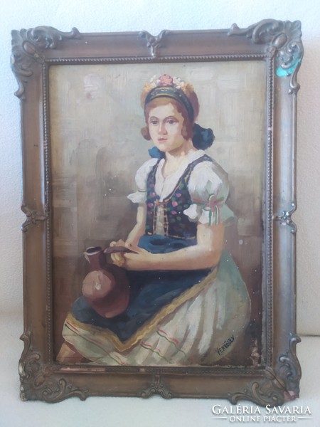 Verbőczy: girl with a jug, oil on canvas painting, original blondel frame 42x32 cm