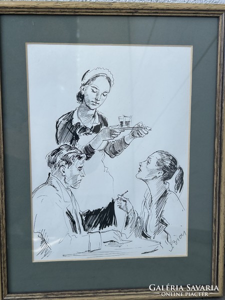 István Biai-föglein: cafe scene - ink drawing