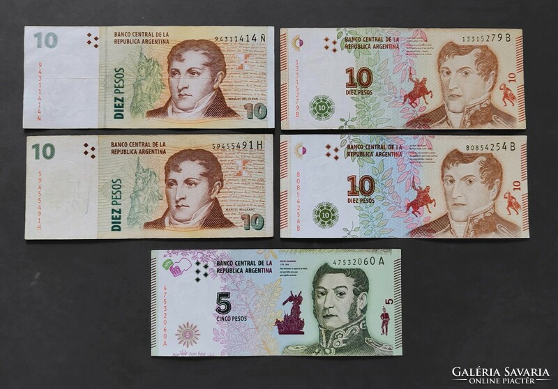 Dél Amerika - Argentina 5 + 10 Pesos bankjegyek 5 db
