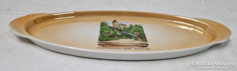 Antique victorian porcelain commemorative tray Balatonszemes spa with owl castle inscription in perfect condition