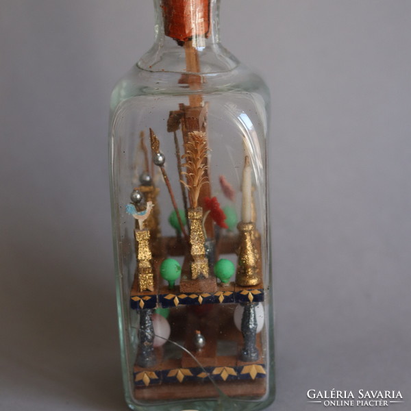 18-19. századi türelemüveg pincetok palackban nagy méretű / Folk Religious Art Whimsey Bottle