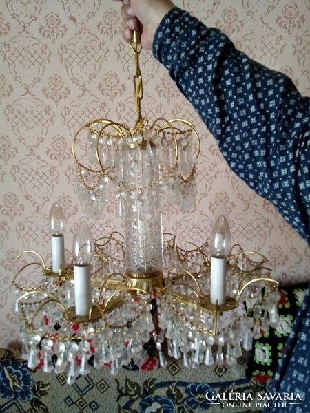 Old Czechoslovak crystal chandelier with 5 branches
