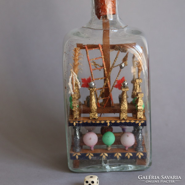 18-19. századi türelemüveg pincetok palackban nagy méretű / Folk Religious Art Whimsey Bottle