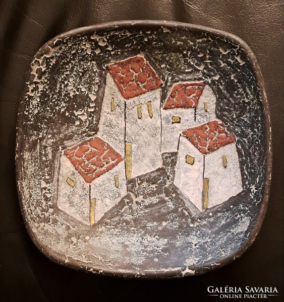 éva Bod: houses. Applied art ceramic wall picture, ceramic bowl, including plate holder