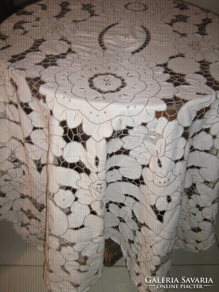 Beautiful off-white floral rosette sewn lace tablecloth