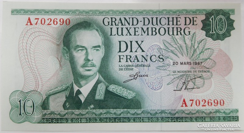 Luxembourg 10 francs 1967 unc very rare!