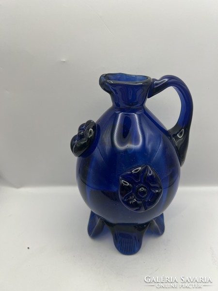 Murano indigo blue floral, footed, crested decorative jug 18 cm. 5097