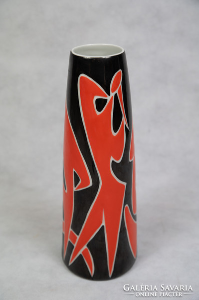 Zsolnay 'jazz' modernist vase, with orange figures on a black background. Design: János Turk.