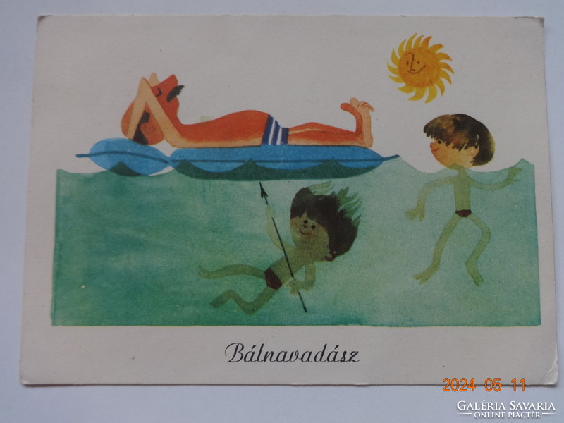 Humoros grafikus képeslap, postatiszta - Szilas Győző rajz: "Bálnavadász" - 1971