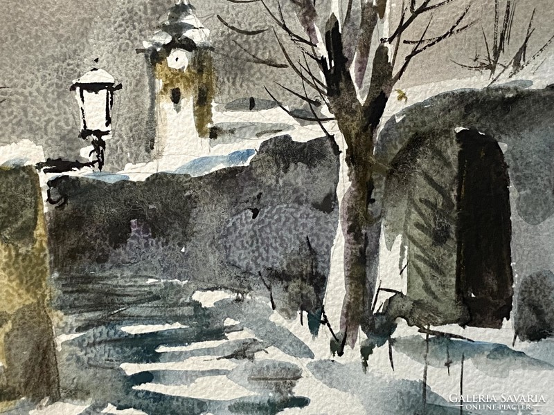 Gyula Balázs 1995 watercolor landscape painting marked snowy street detail