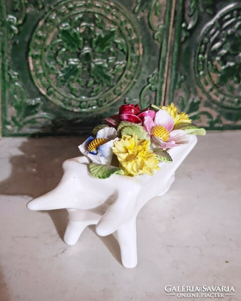 English porcelain wheelbarrow with flowers, bone china display case
