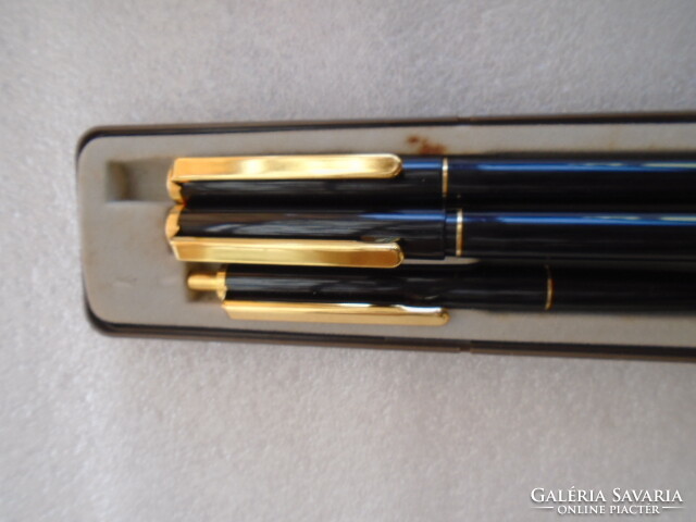 Elegant pen set with a black metallic sheen---golden-tipped cartridge fountain pen + ballpoint pen