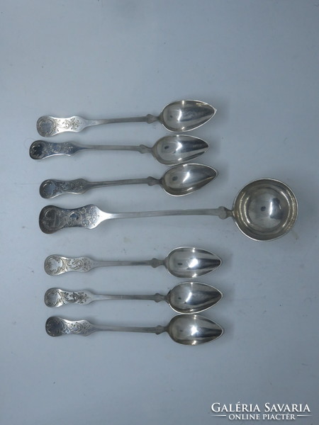 6 antique silver Viennese teaspoons of 13 lats with the accompanying milk (tea) jug