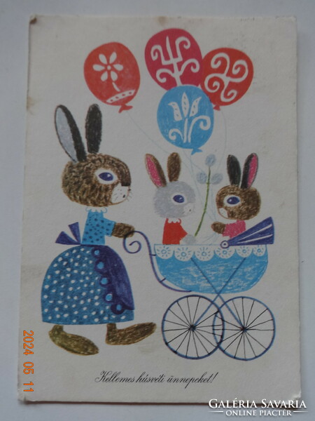 Régi grafikus húsvéti  üdvözlő képeslap, Demjén Zuszsa rajz