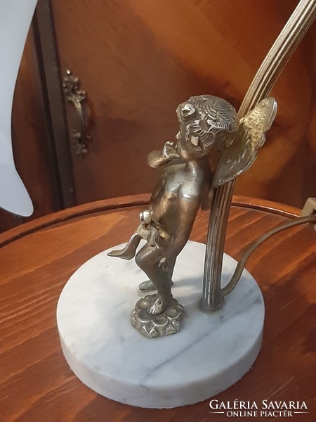 Beautiful antique copper putto table lamp with a marble base and original intact glass shade