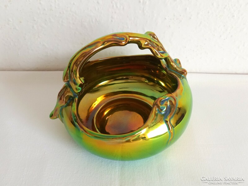Rare, beautifully iridescent Zsolnay eozin basket, bowl with handles, offering