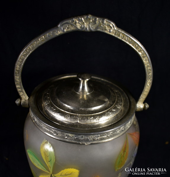 Antique painted glass treat container with metal lid