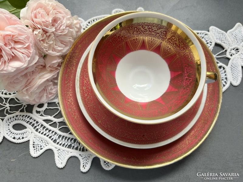 Wonderful collector's art deco hand gilded burgundy winterling Bavarian breakfast tea cup set, trio