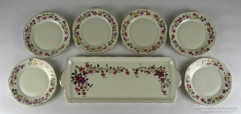 1R787 butter colored Zsolnay porcelain cake set with flower pattern