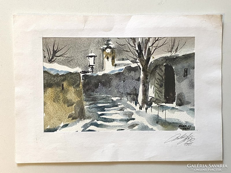 Gyula Balázs 1995 watercolor landscape painting marked snowy street detail