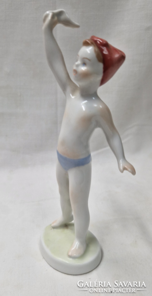 Aquincum waving boy porcelain figure in perfect condition