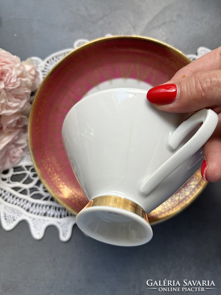 Csodás gyűjtői art deco kézzel aranyozott bordó Winterling Bavaria reggeliző teás csésze szett, trió