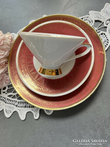 Csodás gyűjtői art deco kézzel aranyozott bordó Winterling Bavaria reggeliző teás csésze szett, trió